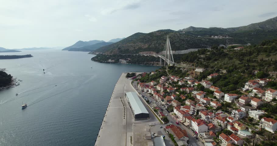 Franjo Tudman Bridge Is Near Puerto Royal Caribean River Port In Dubrovnik, Croatia. Aerial Drone Shot
