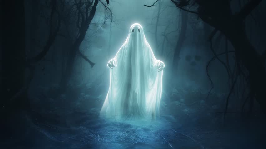 Spooky Halloween haunted ghost animation loop with scary forest background in 4k resolution