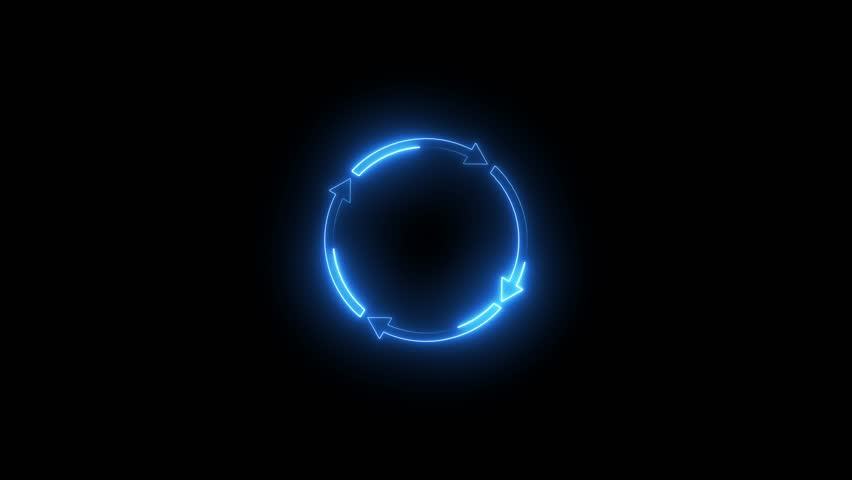 Neon circle arrows. Circular process, rotate infographic element. simple round circle recycle bin icon animation. Animation cyan recycle bin symbol on black background.