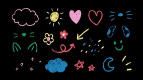 Set of Hand-drawn cute shapes, kid style, colorful icons: wiggle animation, pencil crayon, rough chalk, arrows, stars, cloud, heart, sketching elements on a transparent background, alpha channel. - Powered by Shutterstock - Get 15% off with code: PIKWIZARD15