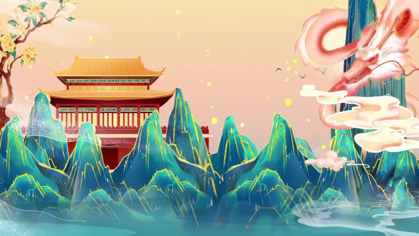 Mysterious landscape China's traditional Oriental Digital Art animation, Chinese retro dragon painting ink of beautiful morning sky, mountains, flowers, lake, ancient house with simple animation