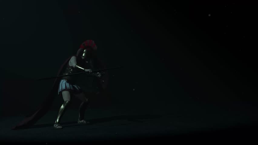 Ancient Greek warrior hoplite ready to fight inside a dark space, with volumetric light behind him and dust particles floating, 3D animation, back view, camera zoom slowly