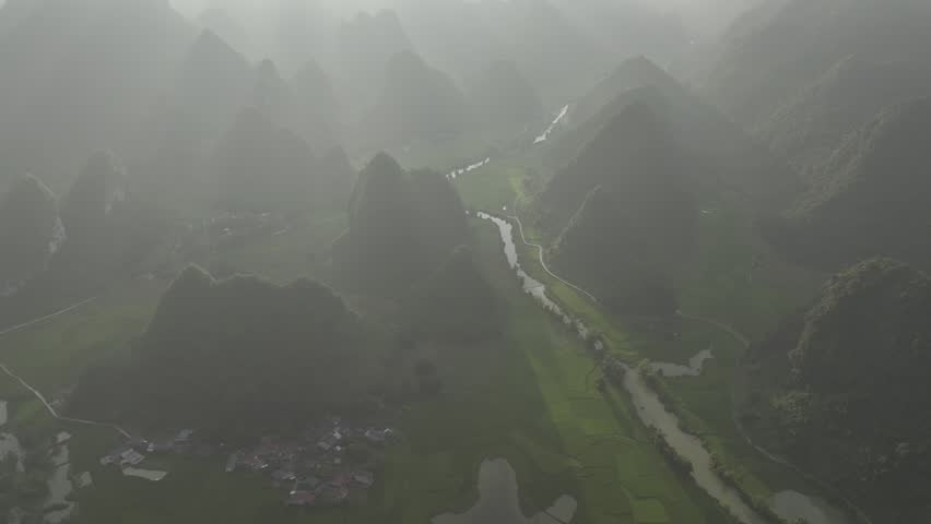 Aerial of rice field in Phong Nam valley, Cao Bang, Vietnam with Karst mountain valley. Nature bakground. Tourist attractions.
