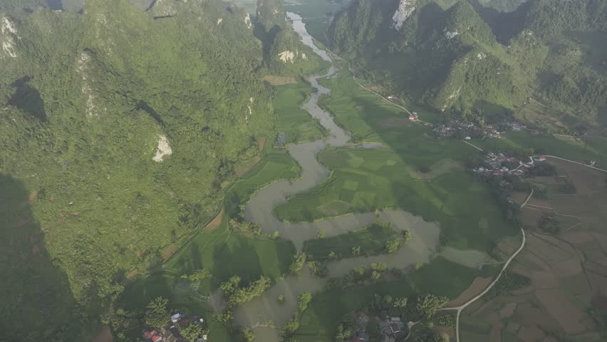 Aerial of rice field in Phong Nam valley, Cao Bang, Vietnam with Karst mountain valley. Nature bakground. Tourist attractions.