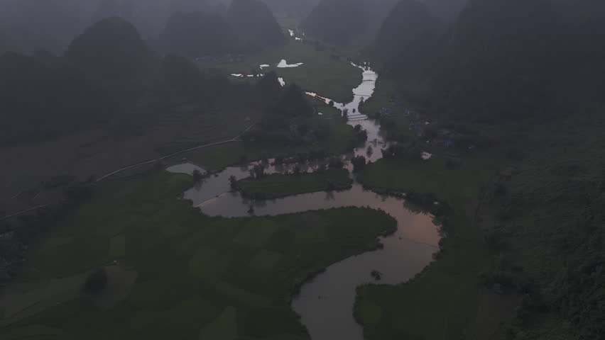 Aerial of rice field in Phong Nam valley, Cao Bang, Vietnam with Karst mountain valley. Nature bakground. Tourist attractions.