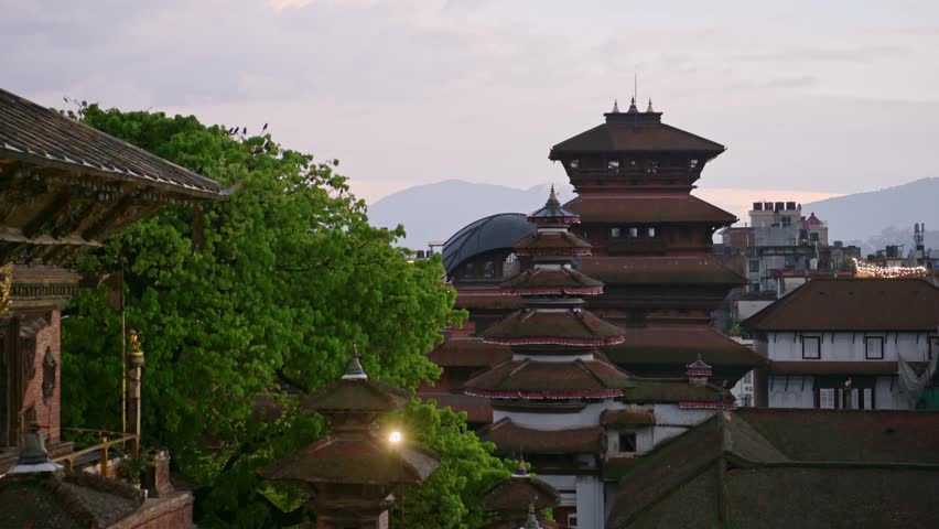 Kathmandu Buildings at Sunset in Nepal, Famous Iconic Durbar Square Temple and Beautiful Old Historic City Centre Architecture in the Popular Travel Destination and Tourist Landmark