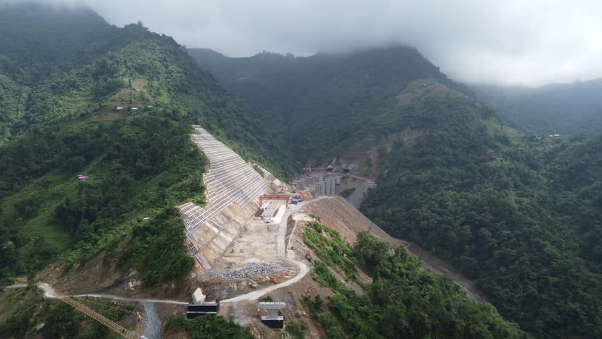 Aerial view of highway road  construction in Nepal.  Construction site. Kathmandu–Terai  Expressway, also known as Fast Track, is an under construction road connecting Kathmandu and Terai Nepal.