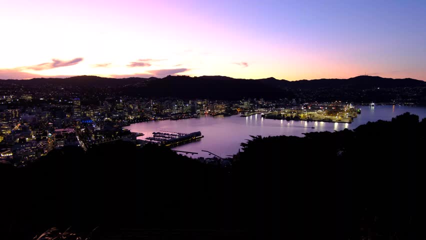 The capital of Wellington at night with city lights and harbour water during purple sunset sky in New Zealand Aotearoa