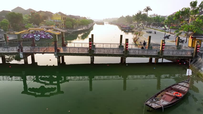Aerial view of Hoi An ancient town at morning. Famous old town for travel in Vietnam, UNESCO World Heritage.