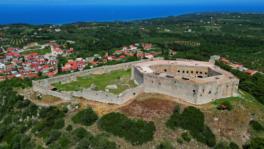 Chlemoutsi Castle Museum, Olympia, Greece, Orbiting Aerial Drone View
