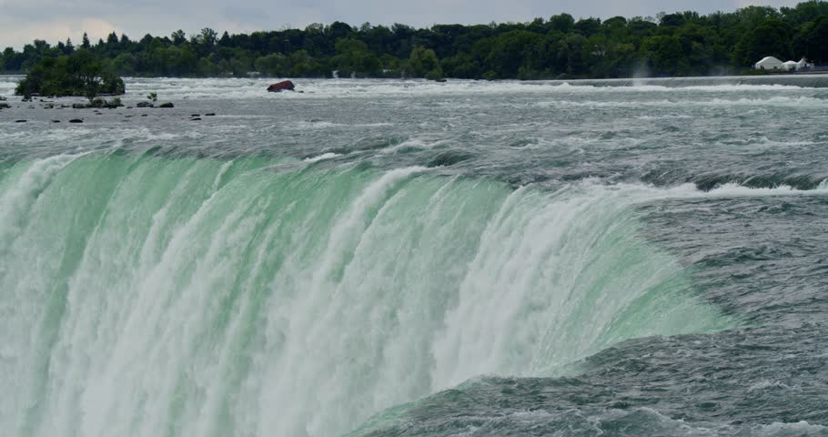 A breathtaking view of Niagara Falls from the Canadian side, captured on a cloudy day. The mist from the falls blends seamlessly with the overcast sky, creating a moody and dramatic atmosphere.