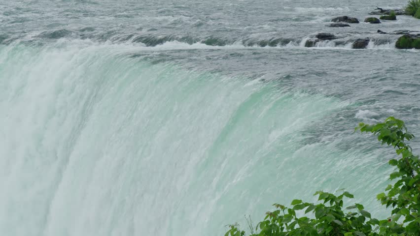 A cinematic shot of Niagara Falls in Canada, North America, on a cloudy day. The overcast weather enhances the mystique of the falls, making it appear even more majestic.