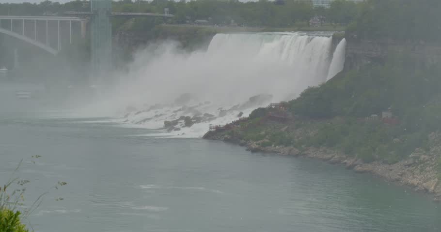 The beauty of Niagara Falls in Canada, North America, shot on a gloomy, overcast day. The grey tones of the sky highlight the white mist of the falls.