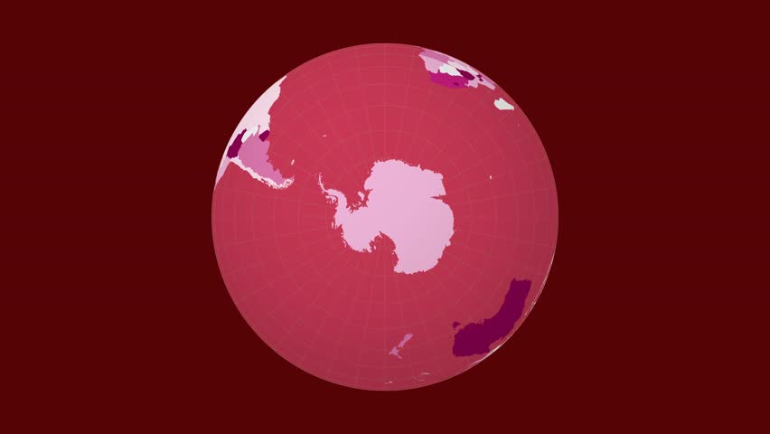 Rotating earth. South pole sphere view. Fast speed globe rotation. Colored countries style.