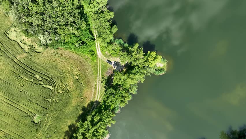 Aerial view of a lake during summer, surrounded by reed, trees and agricultural land with wheat and corn. Flying above lake.