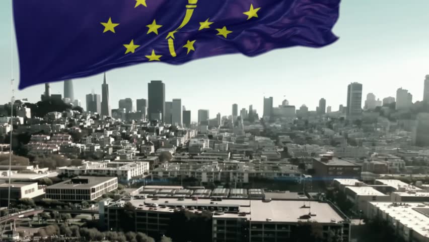 Indiana Pole flag Against City Blurred Background 3D Rendering