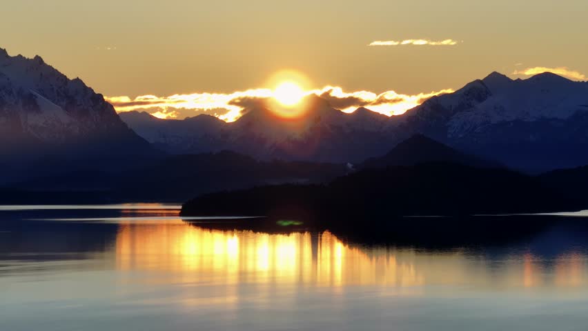 Sunset Bariloche At San Carlos De Bariloche In Rio Negro Argentina. Scenic Bay Water. Seascape Sunset. Stunning Mountains. Sunset Bariloche At San Carlos De Bariloche In Rio Negro Argentina.