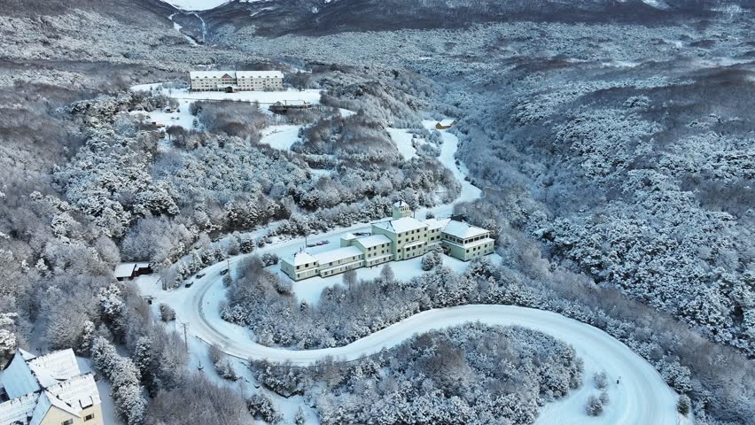 Patagonia Road At Ushuaia In Tierra Del Fuego Argentina. Snowy Mountains. Glacial Scenery. Tierra Del Fuego Argentina. Snow Capped Road. Patagonia Road At Ushuaia In Tierra Del Fuego Argentina.