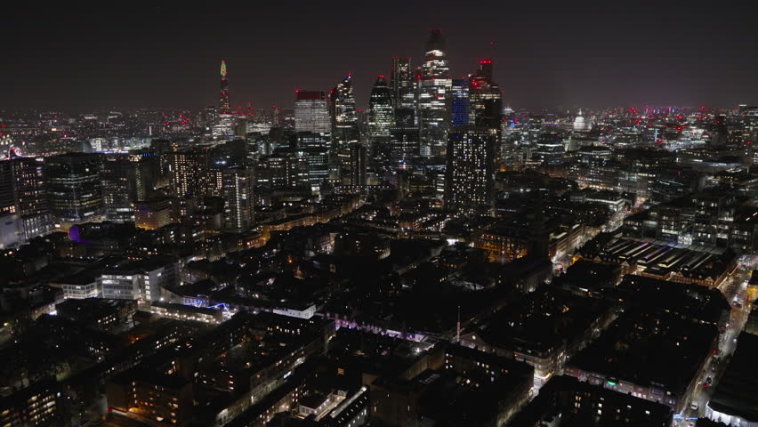 London Skyline, Aerial View Shot of London UK, United Kingdom, night, evening, Square Mile, Tower Bridge, Heart of the City of London, crystal clear and crisp image