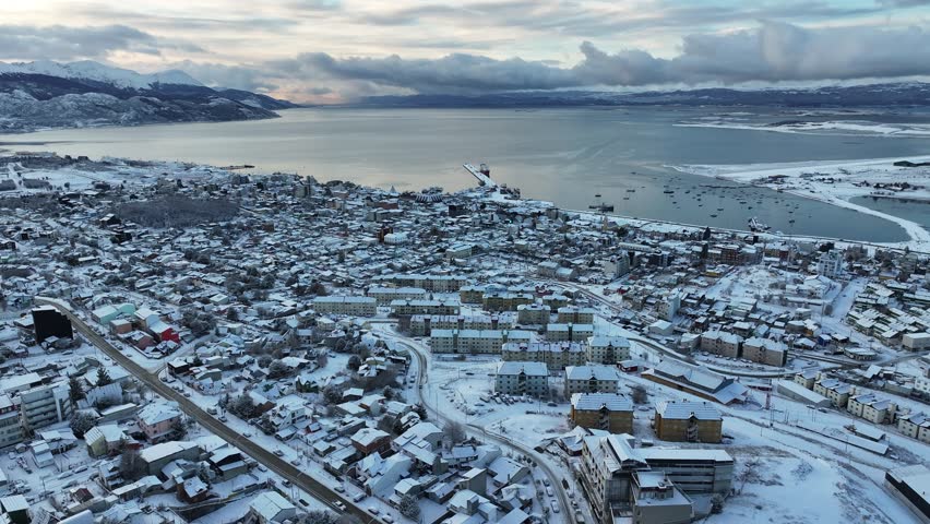 Ushuaia Skyline At Ushuaia In Tierra Del Fuego Argentina. Snow Capped Mountain. Tourism Landmark. Nature Landscape. Ushuaia Skyline At Ushuaia In Tierra Del Fuego Argentina.