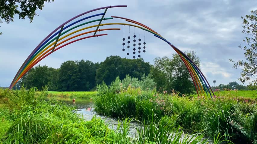 Timelapse Beauty of Steel Arch and Water in Summer Park Scenic Landscape and Colorful Reflections on Lake River and Countryside