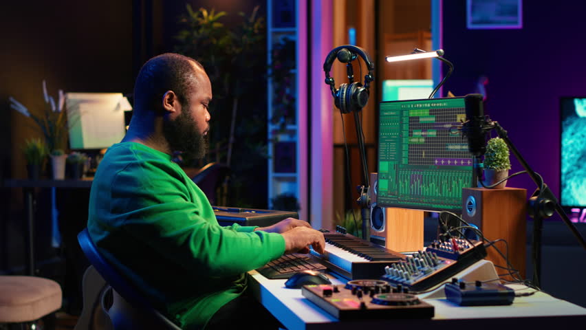 Artist playing electronic piano keyboard notes and recording audio files to use mix and master techniques, editing recordings to edit sound effects. Musician operating on synthesizer gear. Camera A.