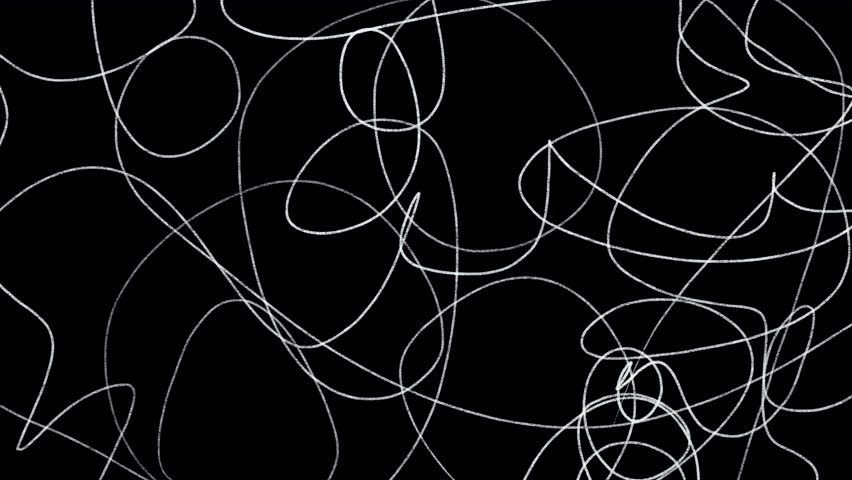 Tangled white lines on a black screen. Animation of the texture of drawing swirls and overtone lines in 4K with an alpha channel. Doodle effect for overlay.