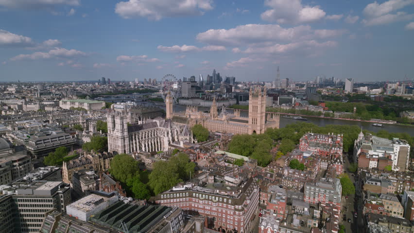 Aerial View Shot of London Westminster, heart of the city, Ultimate London Skyline, United Kingdom, Palace of Westminster, British Parliament, Westminster Abbey, Big Ben, Deans Yard