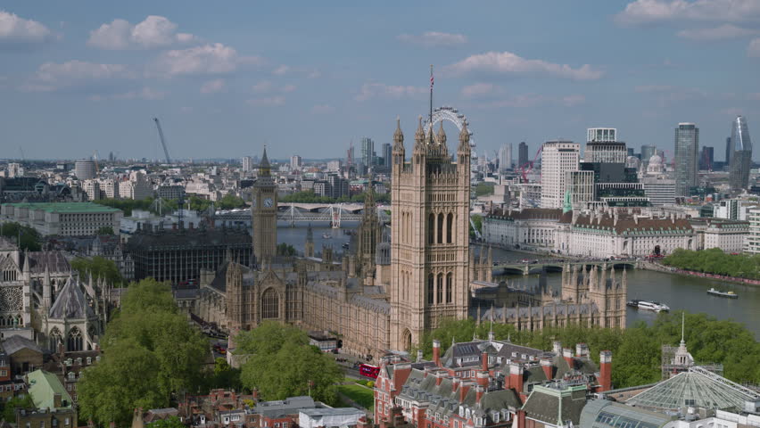 Aerial View Shot of London Westminster, heart of the city, Ultimate London Skyline, United Kingdom, Palace of Westminster, British Parliament, Westminster Abbey, Big Ben, Deans Yard