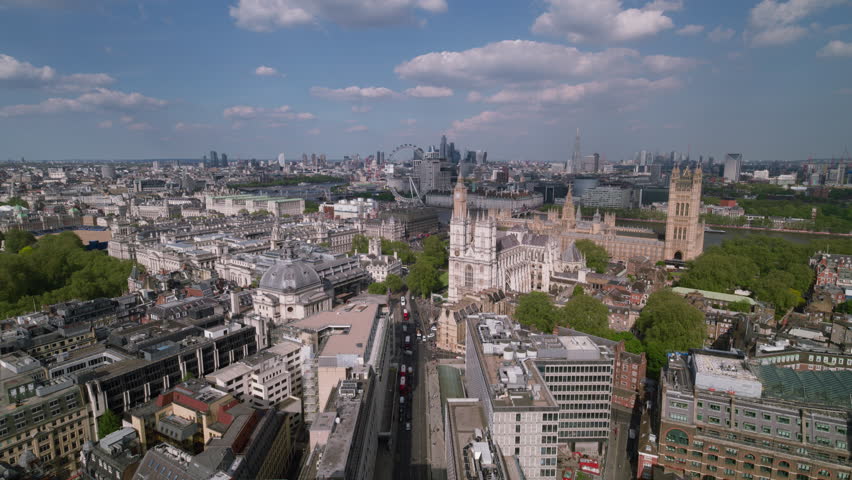 Aerial View Shot of London Westminster, heart of the city, Ultimate London Skyline, United Kingdom, Palace of Westminster, British Parliament, Westminster Abbey, Big Ben, Deans Yard