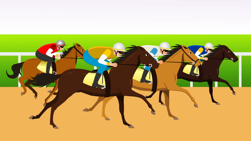Jockeys riding horses on race track. Equestrians on racehorses competing on racetrack, running at fast speed on racecourse, hippodrome, turf. Equine sports competitions.