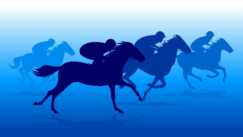 Jockeys riding horses on race track. Equestrians on racehorses competing on racetrack, running at fast speed on racecourse, hippodrome, turf. Equine sports competitions.