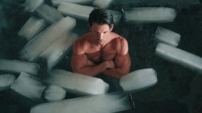 Attractive Man Standing in Cold Water of Swimming Pool with Ice Cubes for Body Health. Fitness Person in Bathtub Filled with Frost Liquid for Youth Treat. Beauty Routine of Healthy Male in Large Bath - Powered by Shutterstock - Get 15% off with code: PIKWIZARD15