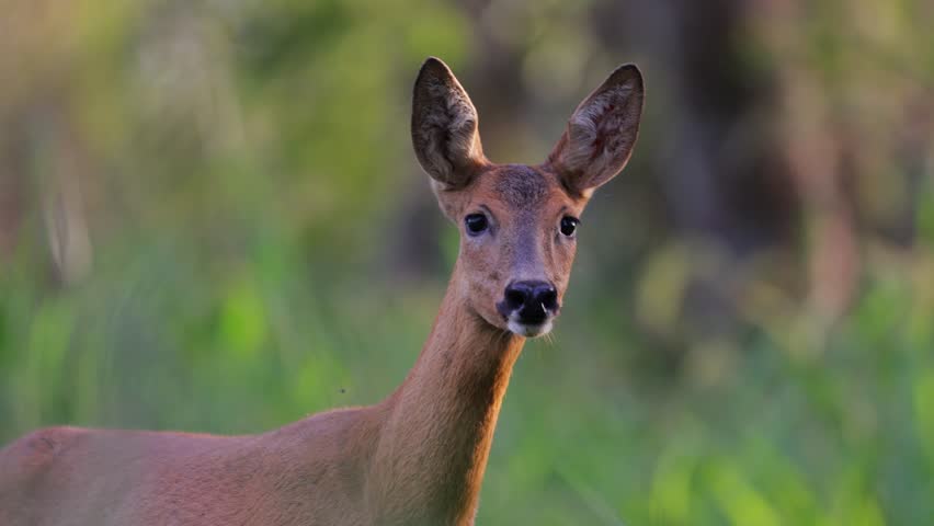Roe deer, capreolus capreolus, forages and looks around the misty meadow in the early morning. Unconscious female wild animals with orange fur grazing on the hay field in summer.