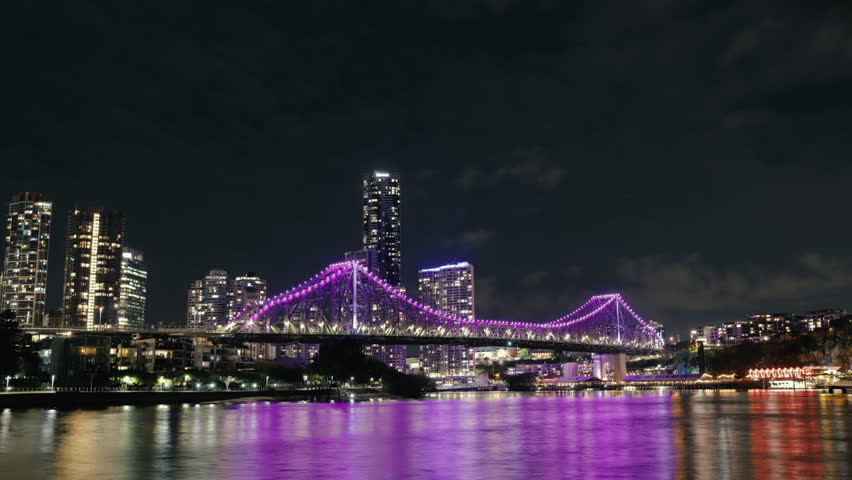 Brisbane Story Bridge illuminated at night timelapse, Brisbane, Australia.
