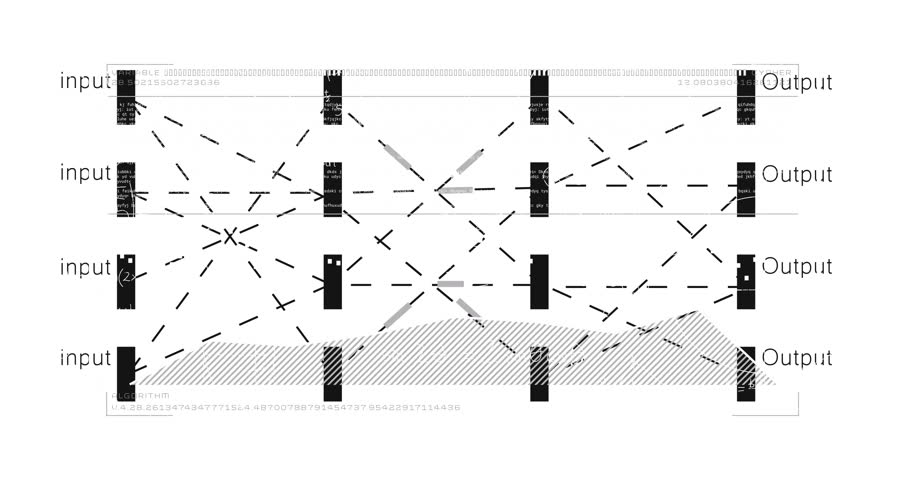 Network diagram with inputs and outputs over data processing animation. Technology, flow, connectivity, digital, interface