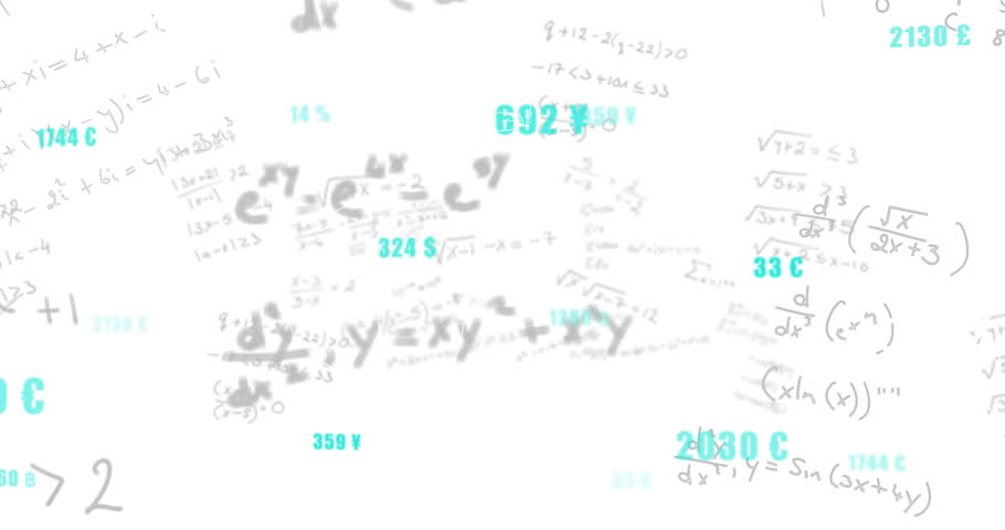 Animating mathematical equations and currency symbols on white background. Animation, mathematics, finance, abstract, educational