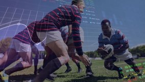 Stock market data animation over rugby players preparing for scrum. Finance, sports, analysis, teamwork, competition, trading - Powered by Shutterstock - Get 15% off with code: PIKWIZARD15