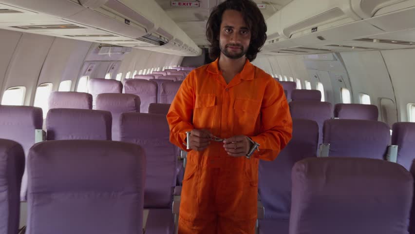Prisoner Walks down aisle of an empty plane, Handcuffed Man Walking in Airplane, Man wear orange jumpsuit coming, Shackled offender person on Aeroplane, Criminal police custody inside aircraft, Indian