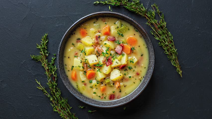 Delicious Vegetable Soup With Fresh Herbs On Dark Background