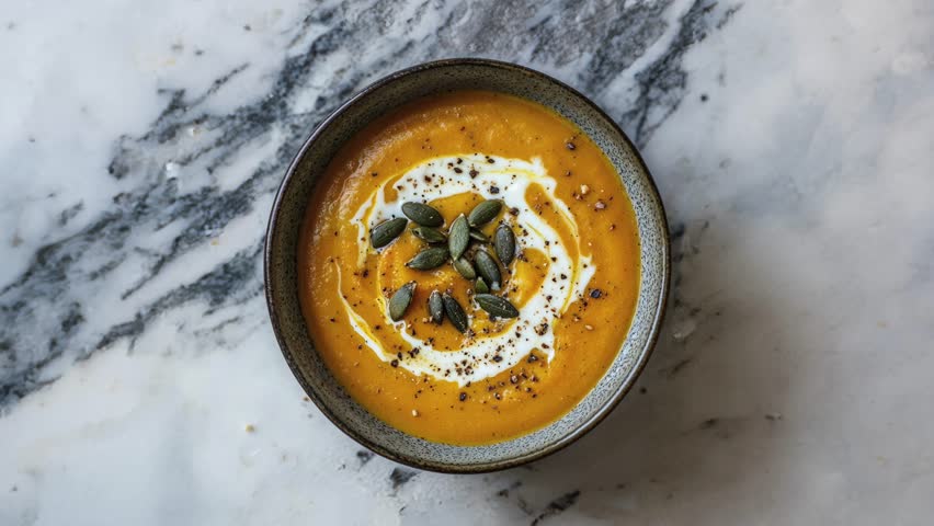 Delicious Pumpkin Soup with Cream and Seeds on Marble Table