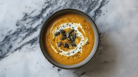 Delicious Pumpkin Soup with Cream and Seeds on Marble Table - Powered by Shutterstock - Get 15% off with code: PIKWIZARD15