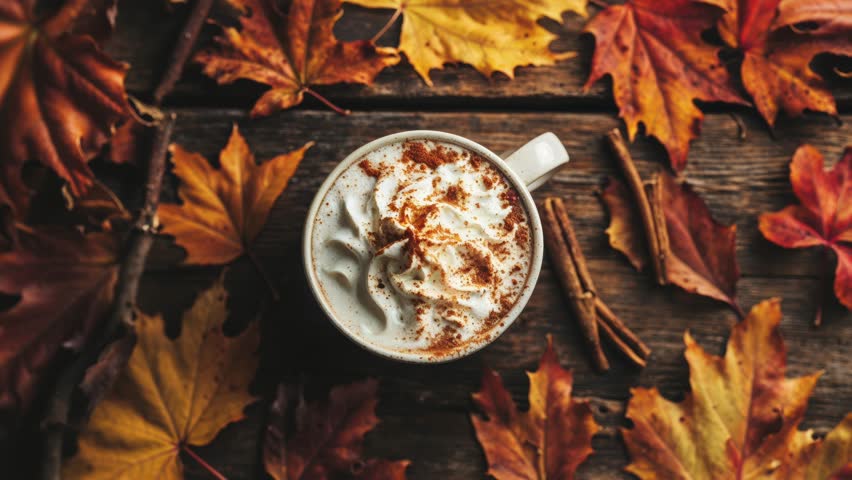 Autumn Pumpkin Spice Latte With Fall Leaves On Wooden Table