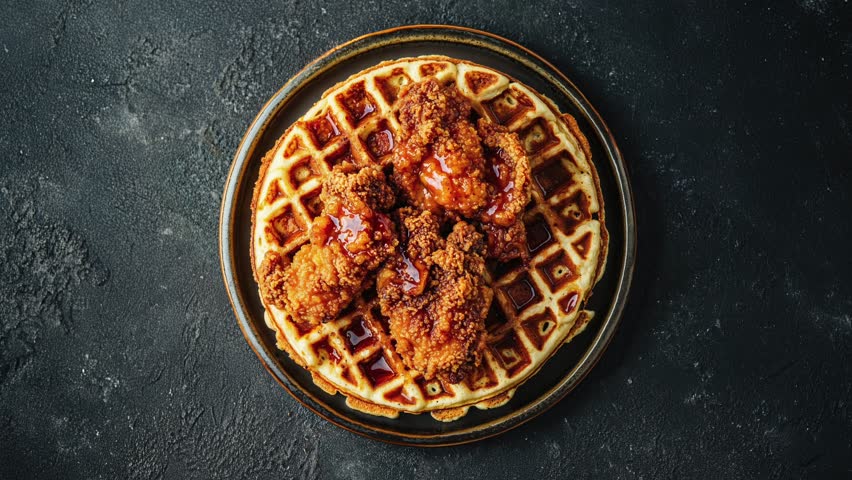 Delicious Chicken And Waffles On A Dark Rustic Background