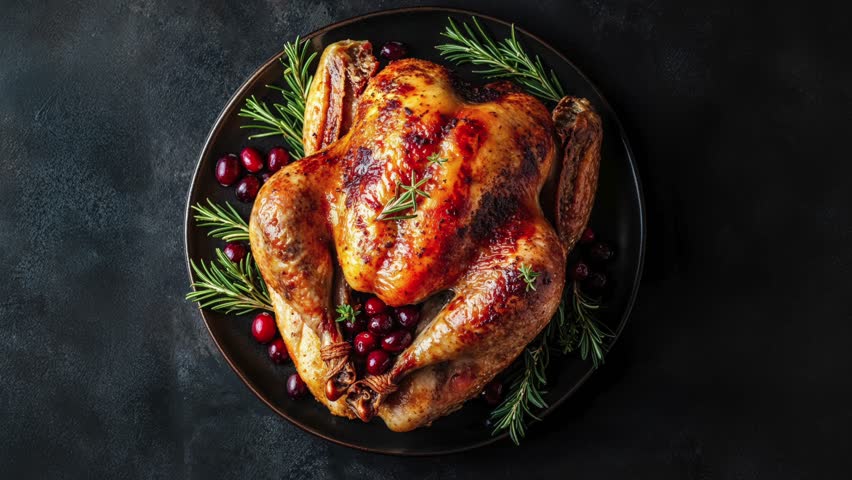 Roasted Turkey With Cranberries And Herbs On Dark Background