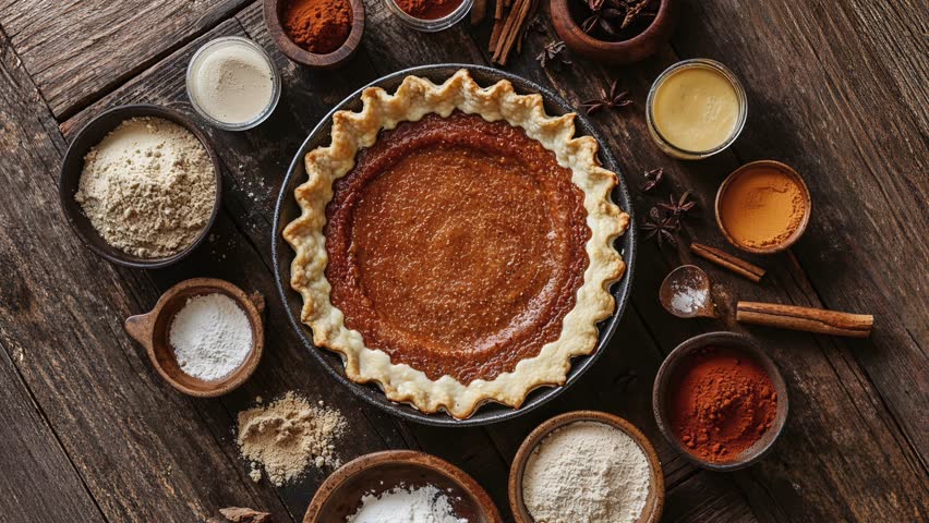Rustic Pumpkin Pie with Ingredients on Wooden Table