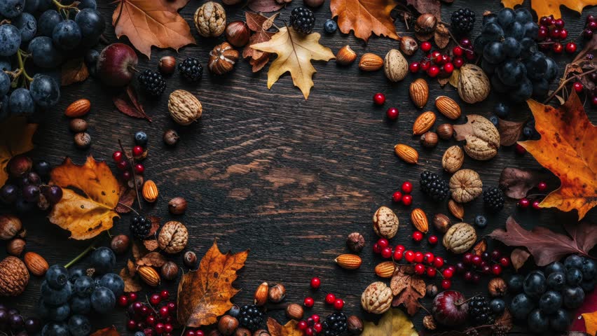 Autumn Harvest With Nuts, Berries, Fruits, And Leaves On Wooden Table