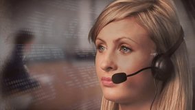 Customer service representative with headset, processing data animation in background. Support, telephone, technology, business, call center, office - Powered by Shutterstock - Get 15% off with code: PIKWIZARD15