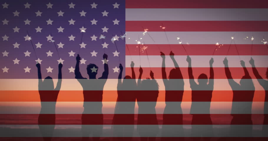 Holding sparklers, silhouetted people standing over American flag puzzle animation. Celebration, patriotism, independence, sparks, unity