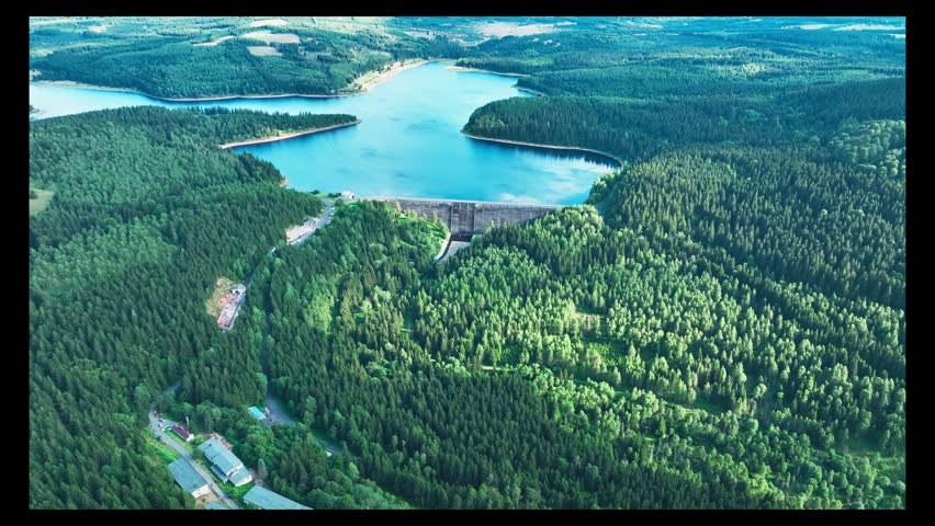 Drone footage of the dam and reservoir lake
